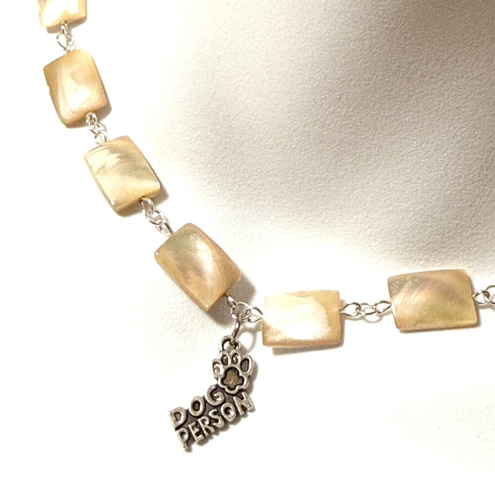 Rectangular Mother of Pearl Beaded Short Necklace + Dog Person Paw Print Pendant